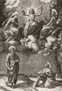 Kristus, Jomfruen og Johannes Døberen med de hellige Paulus og Katarina, 1520-25 af Marcantonio Raimondi