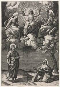 Kristus, Jomfruen og Johannes Døberen med de hellige Paulus og Katarina af Marcantonio Raimondi