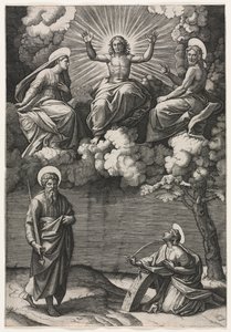 Kristus, Jomfruen og Johannes Døberen med de hellige Paul og Catherine, ca. 1520-1525. af Marcantonio Raimondi
