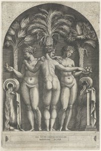 Three Graces stående i en niche foran tre palmer og flankeret af kander, hvorfra vand strømmer. af Marcantonio Raimondi