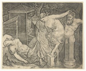 Fragment af Bacchanal med Satyr Woman og Herme og Sovende Bacchante af Marcantonio Raimondi
