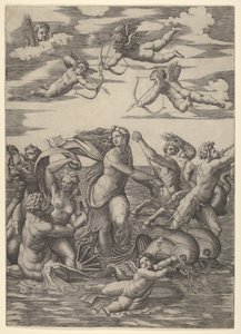 Galatea stående i en vandvogn trukket af to delfiner, omgivet af tritoner, nere..., 1515-16. af Marcantonio Raimondi
