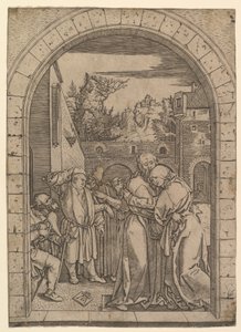Joachim omfavner Sankt Anne under den gyldne port i Jerusalem, efter Dürer, ca. 1500-1534. af Marcantonio Raimondi