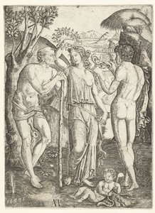 Ung kvinde med krans af blade stående mellem gammel mand lænet på pind og ung mand med drage og barn af Marcantonio Raimondi