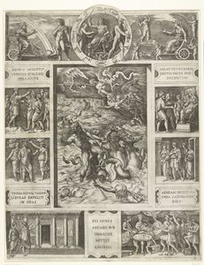 Jupiter dulmer stormen på havet i rektangulær ramme med ni scener fra episke Aeneid af Marcantonio Raimondi