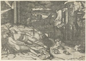 Landskab med to nøgne sovende kvinder og fantasidyr på en bred nær vand med en brændende bygning Drøm om Raphael