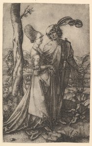 Herre og dame gående med dødsfigur, der gemmer sig bag et træ, holder en time..., ca. 1500-1534. af Marcantonio Raimondi