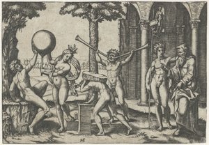 Mand med to trompeter og mand med sten på ryggen flankeret af mand og kvinde med globus og gammel og ung mand af Marcantonio Raimondi