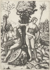 Mars og Venus som et kærligt par med Amor af Marcantonio Raimondi