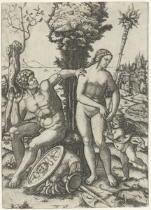 Mars og Venus som et kærligt par med Amor af Marcantonio Raimondi