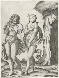 Orpheus spiller bratsch, før Eurydike går til underverdenen af Marcantonio Raimondi