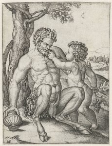 Pande med drikkekop og Bacchus som barn med drue af Marcantonio Raimondi