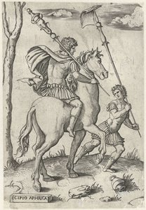 Romerske generaler Scipio Africanus Maior til hest og Scipio Africanus Minor Romerske helte til hest (serietitel) af Marcantonio Raimondi