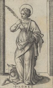 Sankt Agnes står og holder en håndflade i højre hånd, et får nederst til venstre, fra..., ca. 1500-1527. af Marcantonio Raimondi