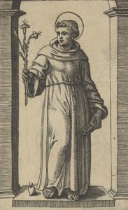 Sankt Antonius af Padua stående, liljer i sin løftede højre hånd, en bog i sin ..., ca. 1500-1527. af Marcantonio Raimondi