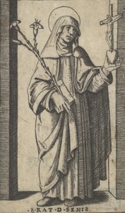Saint Catherine of Siena stående med blomster og bog i højre hånd, en h..., ca. 1500-1527.