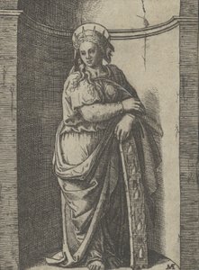 Saint Catherine stående i en niche, hvilende på et hjul, hendes torturinstrument..., ca. 1500-1527. af Marcantonio Raimondi