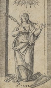 Sankt Cecilia stående med en martyrpalme i højre hånd, fra havet..., ca. 1500-1527. af Marcantonio Raimondi