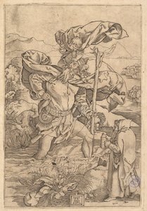 Sankt Christopher krydser floden med Kristus i form af en putto på hans sh..., ca. 1500-1534. af Marcantonio Raimondi