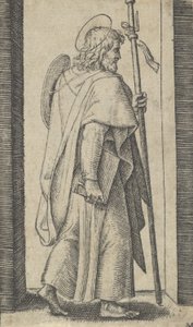 Saint James Major, bog er hans højre hånd, stav i hans venstre mod højre, fra t..., ca. 1500-1527. af Marcantonio Raimondi