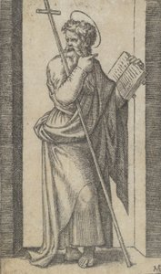 Sankt Filip, bog i venstre hånd, stav hvilende på venstre arm, fra serien..., ca. 1500-1527. af Marcantonio Raimondi