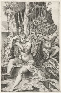 Satyr udspionerer en nymfe på hendes toilet Pan og Syrinx af Marcantonio Raimondi