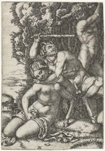 Satyr og ung mand kæmper om nymfe af Marcantonio Raimondi