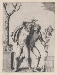 Mirror of Roman Magnificence: Ung og gammel Bacchant, ca. 1514-36, ca. 1514-36. af Marcantonio Raimondi
