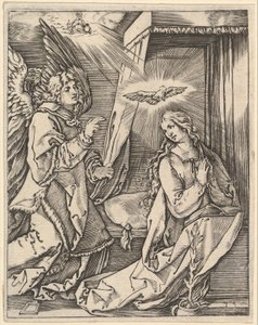 Bebudelsen, til venstre nærmer ærkeenglen Gabriel sig den bedende jomfru..., ca. 1500-1534. af Marcantonio Raimondi