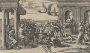 Sankt Cecilias martyrium stående nøgen i en stor kedel, til venstre under..., ca. 1520-25.