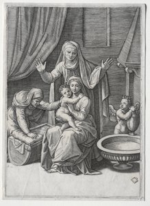 Jomfruen og vuggen med Sankt Elisabeth og Sankt Anne af Marcantonio Raimondi