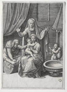 Jomfruen og vuggen med den hellige Elisabeth og den hellige Anne, 1520. af Marcantonio Raimondi