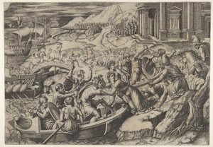 Bortførelsen af Helen, kampscene på en kyst med to mænd, der trækker Helen ind i en b..., ca. 1520-27. af Marcantonio Raimondi