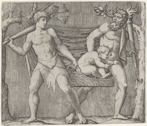 To fauner bærer et barn i en kurv af Marcantonio Raimondi