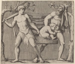 To fauner, der bærer et barn af Marcantonio Raimondi