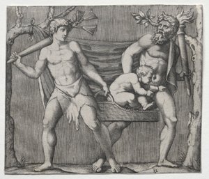 To fauner, der bærer et barn i en kurv af Marcantonio Raimondi