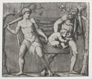 To fauner, der bærer et barn i en kurv, ca. 1513-1515. af Marcantonio Raimondi
