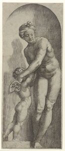 Venus og Amor står i niche af Marcantonio Raimondi