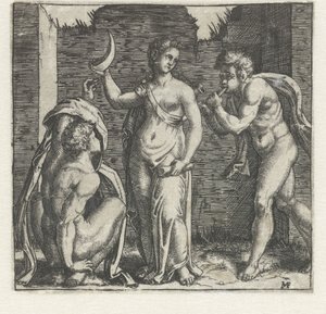 Kvinde med halvmåne flankeret af faun, der blæser i horn og mand, der sidder på hug af Marcantonio Raimondi