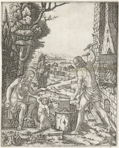 Vulcan smeder pile og vinger til Amor i nærvær af Venus af Marcantonio Raimondi