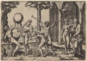 Manden med to trompeter af Marcantonio Raimondi after Baccio Bandinelli