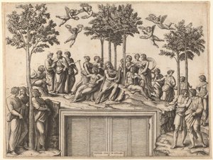 Apollon på Parnassus af Marcantonio Raimondi after Raphael