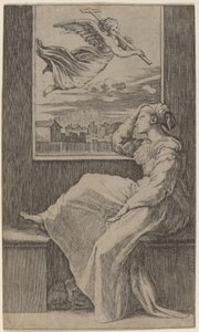 Eftertænksom kvinde af Marcantonio Raimondi possibly after Raphael