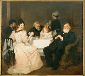 Francisque Sarcey, litteraturkritiker, i huset hos Adolphe Brissons datter ... (maleri på lærred) af Marcel Andre Baschet