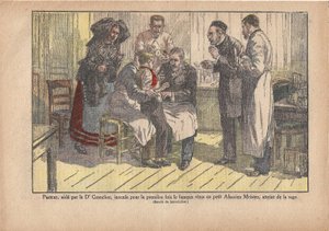 Pasteur, assisteret af Dr. Grancher, inokulerede den berømte virus for første gang i den lille Alsace-mester, inficeret med rabies., Le Pèlerin, 5/11/1922 (print) af Marcel Lecoultre