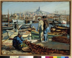 Fiskere på kajen i havnen i Marseille Maleri af Marcel Leprin (1891-1933) Obligatorisk omtale: Collection fondation regards de Provence, Marseille