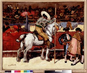 Picador og matador i arenaen for tyrefægtning. Maleri af Marcel Leprin (1891-1931) Dim. 50x61 cm Obligatorisk omtale: Collection fondation regards de Provence, Marseille