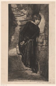 Kvinde klædt i sort, lænet op ad væggen Misère de misère (titel på objekt) Girl of pleasure (serietitel) Fille de Joie (serietitel på objekt) af Marcel Roux (signed by artist)