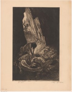 Interiør af en mørk hule med væsner, der fortærer en nøgen mand Guet aber (titel på objekt) af Marcel Roux (signed by artist)