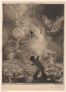Flamme i form af en kvinde, omgivet af mænd med vinger, der brænder og styrter femme flamme Girl of pleasure (serietitel) Fille de Joie (serietitel på objekt) af Marcel Roux (signed by artist)